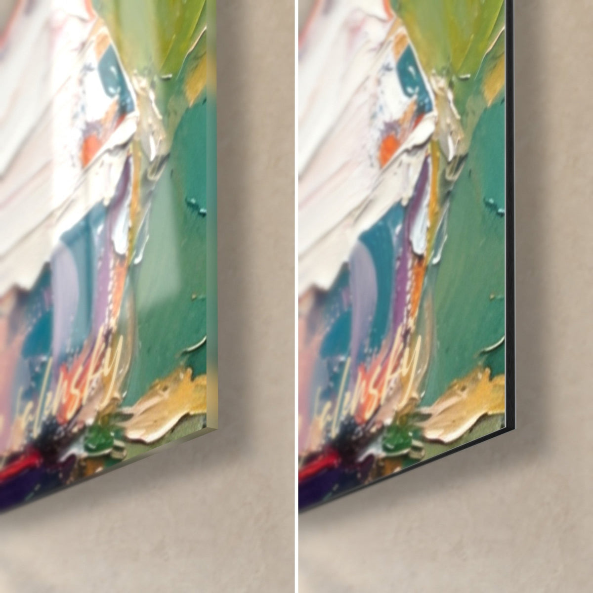 Tableau fromage orange en pâte épaisse, coin bas droit : verre acrylique brillant et alu Dibond mat, tranche de 3 mm