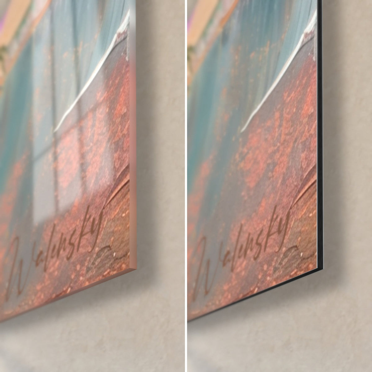 Tableau part de fromage pastel, coin bas droit en verre brillant reflétant la fenêtre et en Dibond mat, tranche de 3 mm