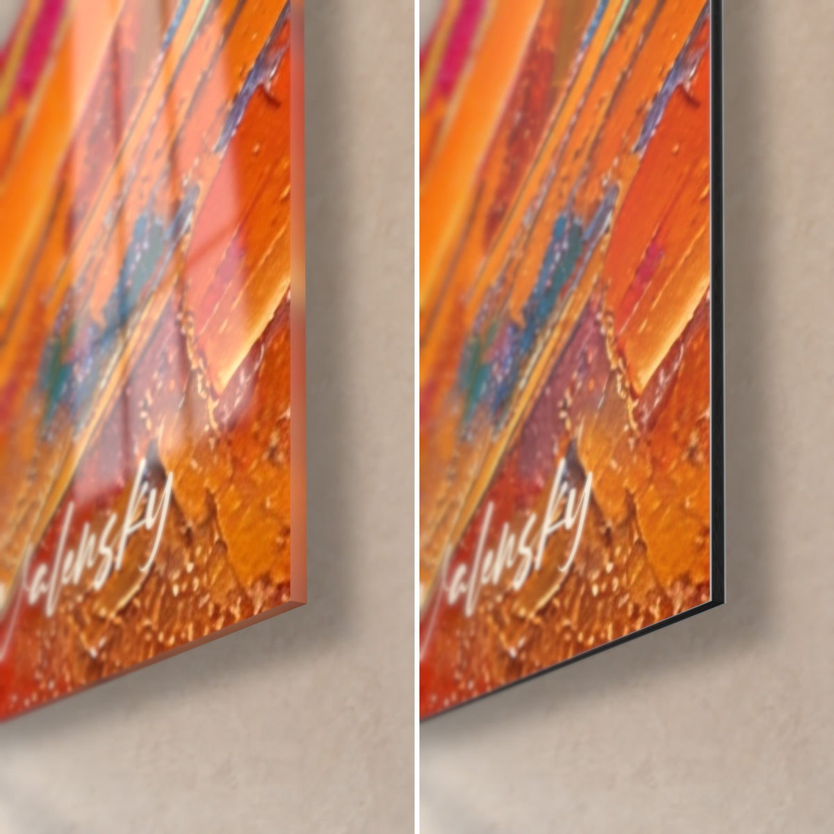 Wall art camembert with creamy paste, bottom right corner: glossy acrylic glass on the left, matte orange Dibond aluminium on the right, 3 mm thick