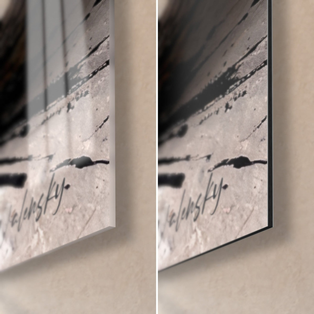 Tableau tranche de fromage noir et crème, coin bas droit : verre acrylique brillant à gauche, alu Dibond mat à droite, tranche de 3 mm