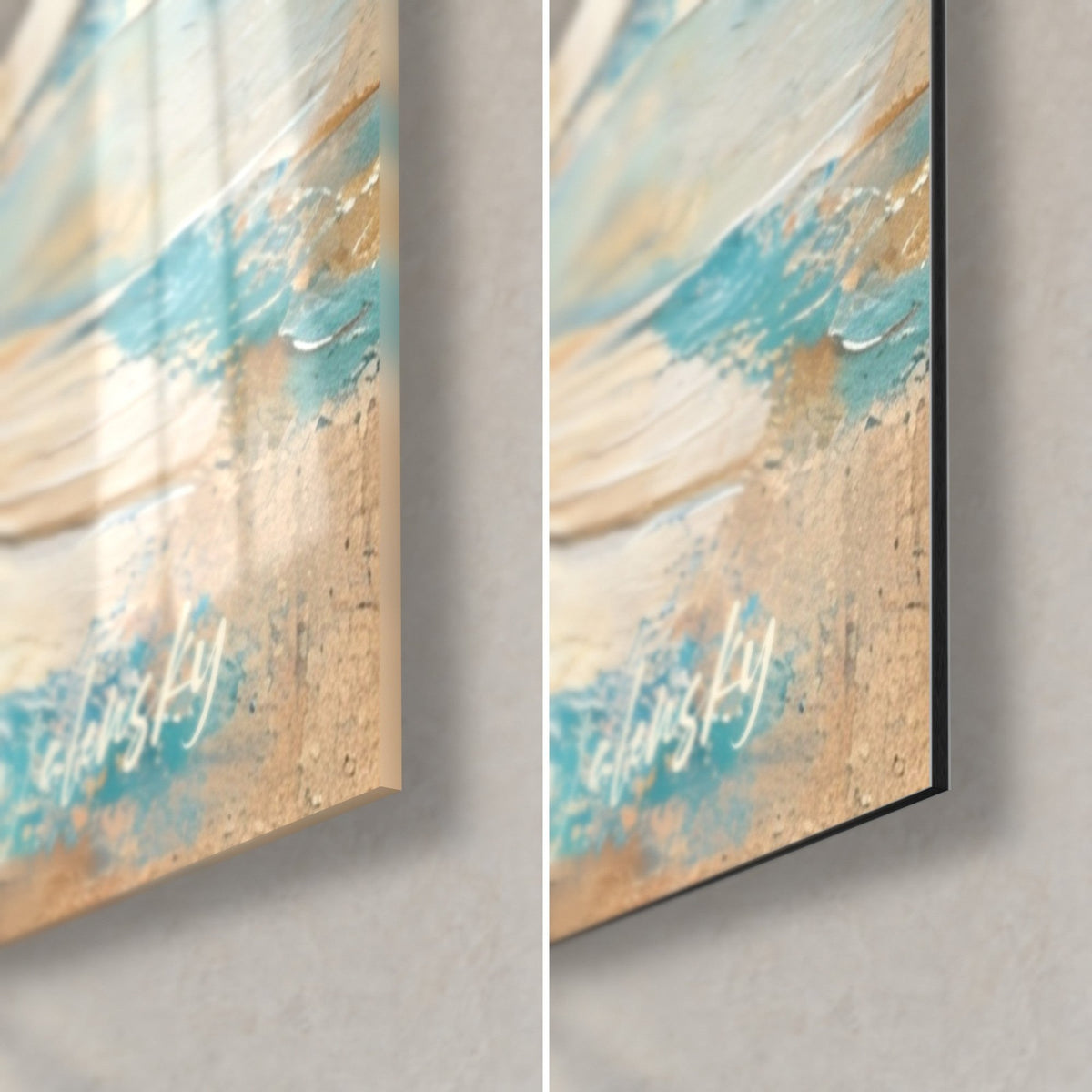 Tableau meule blanche et turquoise, coin bas droit : verre acrylique brillant à gauche, Dibond mat beige à droite, tranche fine de 3 mm