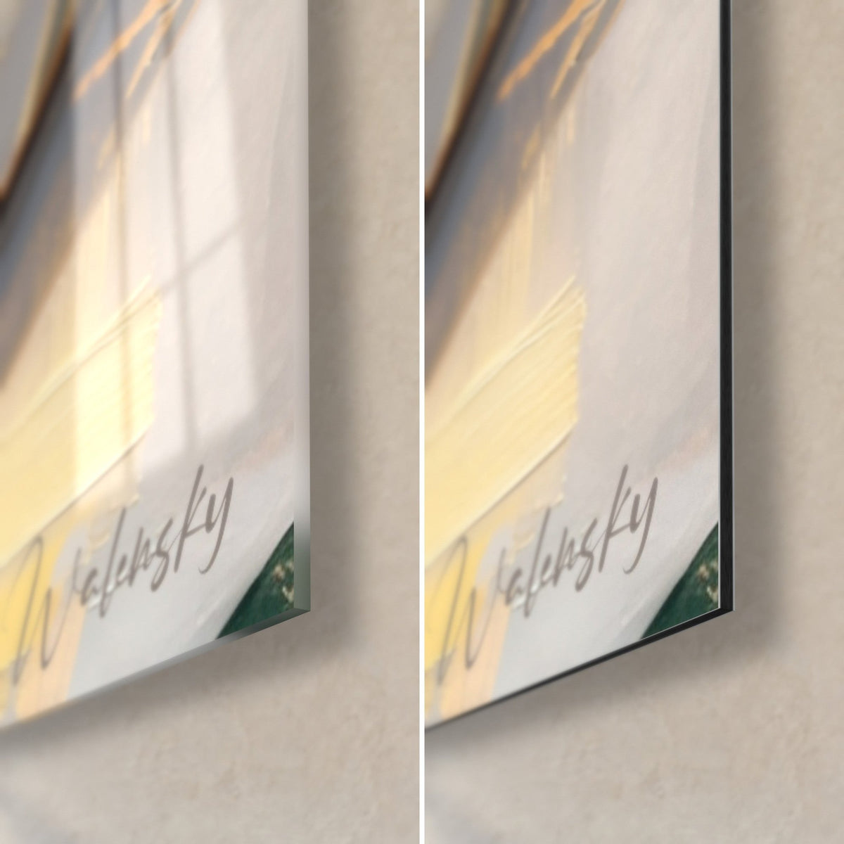 Cuadro rueda de queso en mosaico dorado, esquina inferior derecha: cristal acrílico brillante con reflejos, aluminio Dibond mate blanco crema, 3 mm de grosor