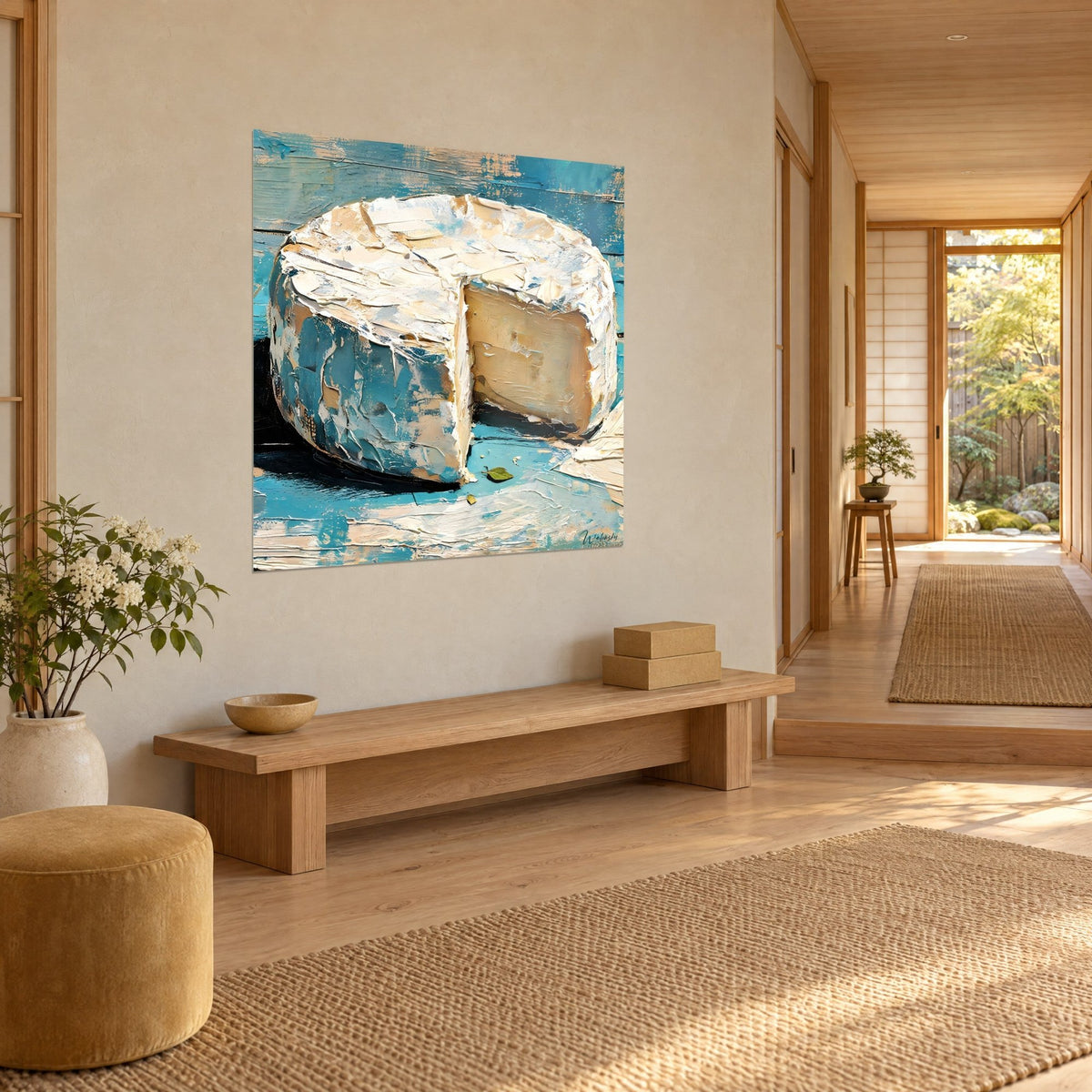 Schilderij aangesneden camembert in dikke ivoorkleurige en eendenblauwe impasto, groen blad, aan de muur van een japandi gang