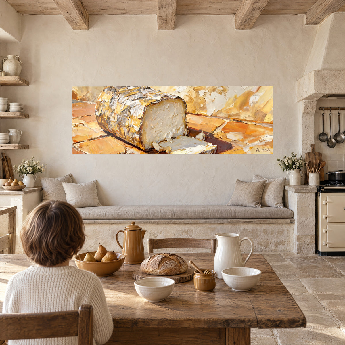 Wall art fresh goat cheese with crumpled golden rind, ivory paste and copper reflections, on the wall of a country kitchen