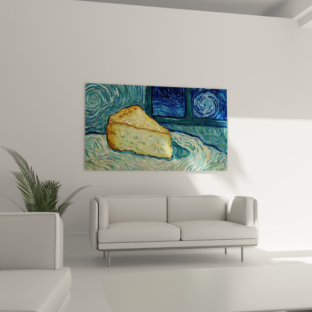 Fromage jaune et bleu turquoise aux tourbillons hypnotiques, accroché au-dessus d'un canapé dans un salon lumineux.