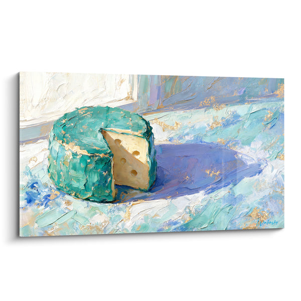 Tableau Meule de fromage turquoise et dorée aux trous d'emmental - Ombre violette portée - Edition Fromage
