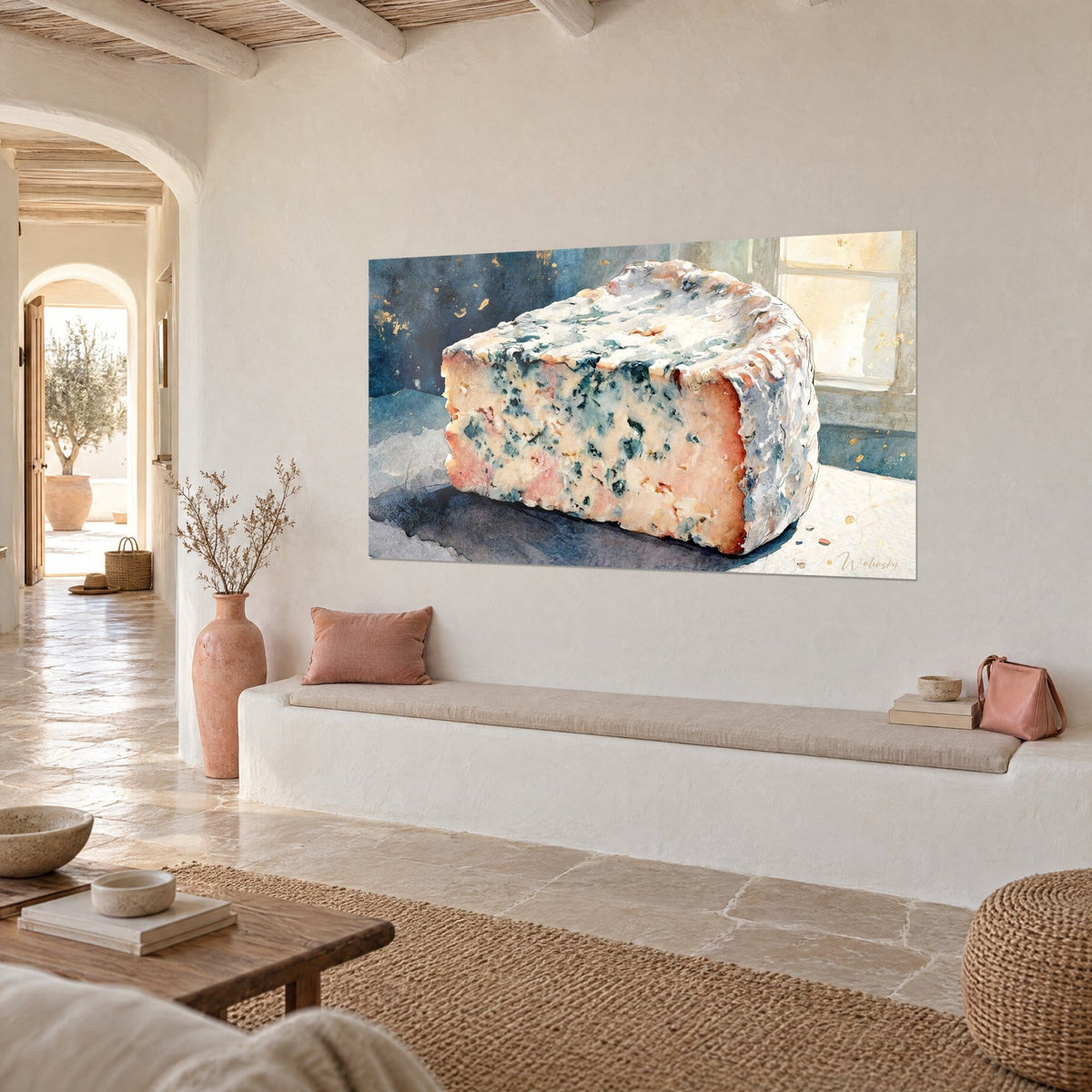 Wall art of a piece of watercolor blue cheese, ivory paste veined with verdigris and slate background, white plastered wall