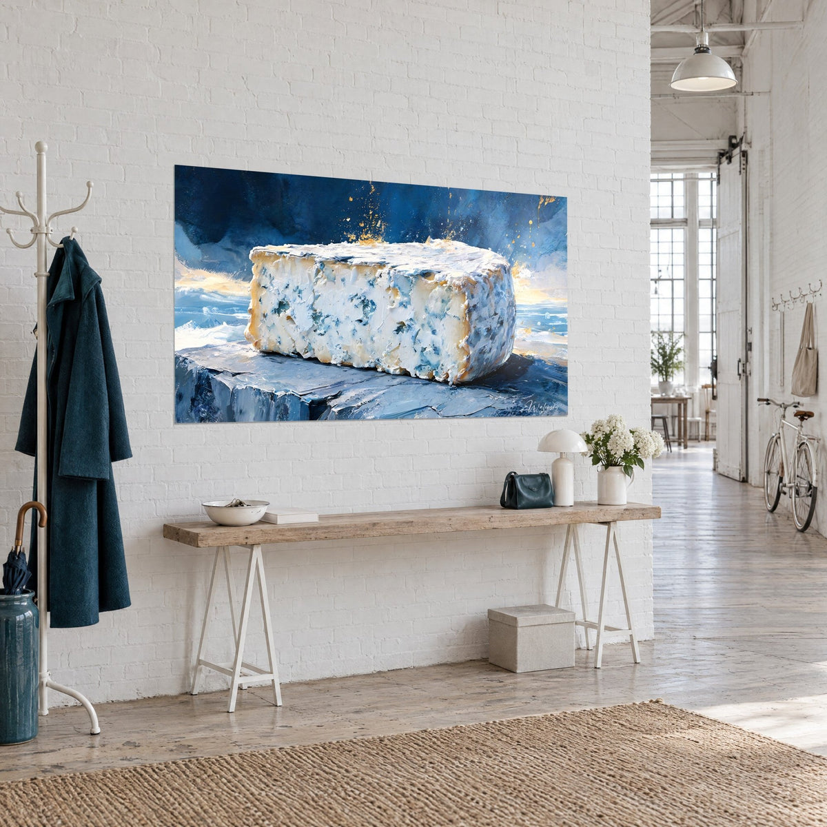 Tableau meule de bleu givrée en pâte épaisse blanche et bleu marine, sur console en bois près d'un portant, loft d'artiste