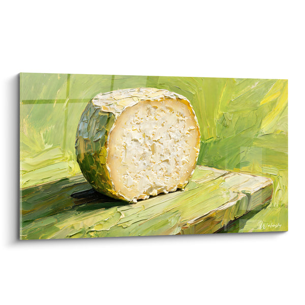 Tableau Meule de fromage verte et blanche entamée - Miettes friables au couteau - Edition Fromage