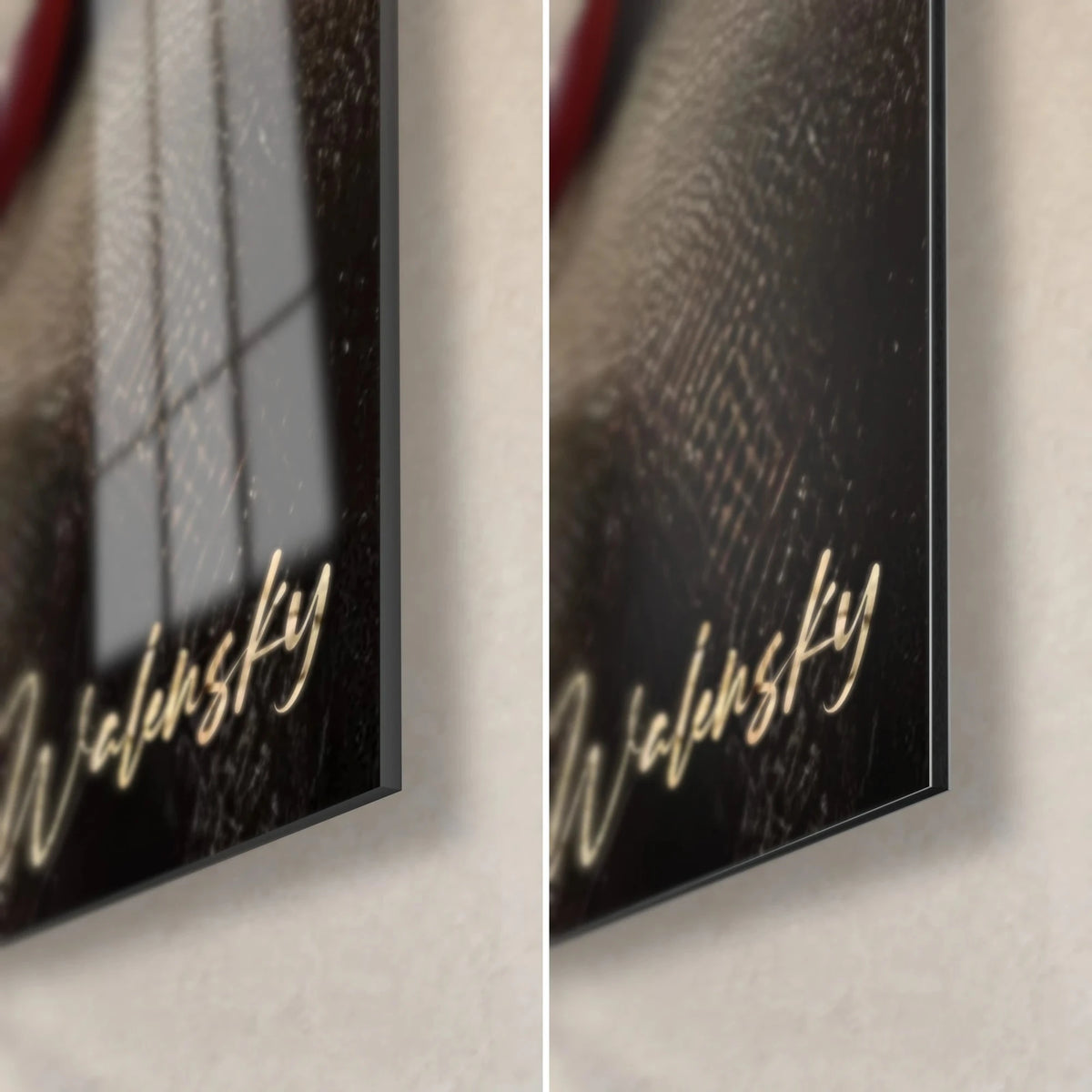 Tableau vase antique craquelé, coin bas droit : signature dorée Walensky sur verre brillant à gauche et Dibond noir mat à droite