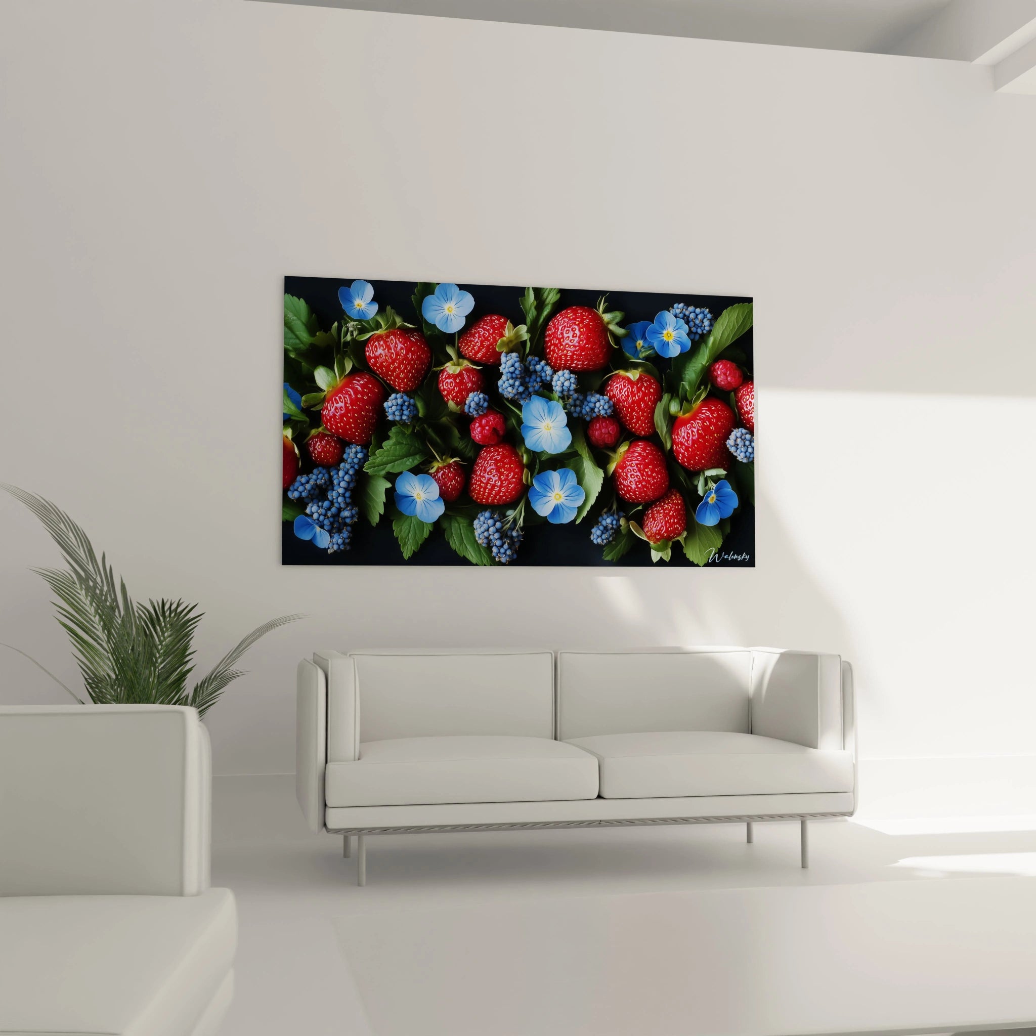 Un tableau fruit composé de fraises aux reflets lumineux, de mûres à la texture granuleuse et de fleurs aux teintes bleues, avec une disposition dense et des détails fins sur les feuilles.

