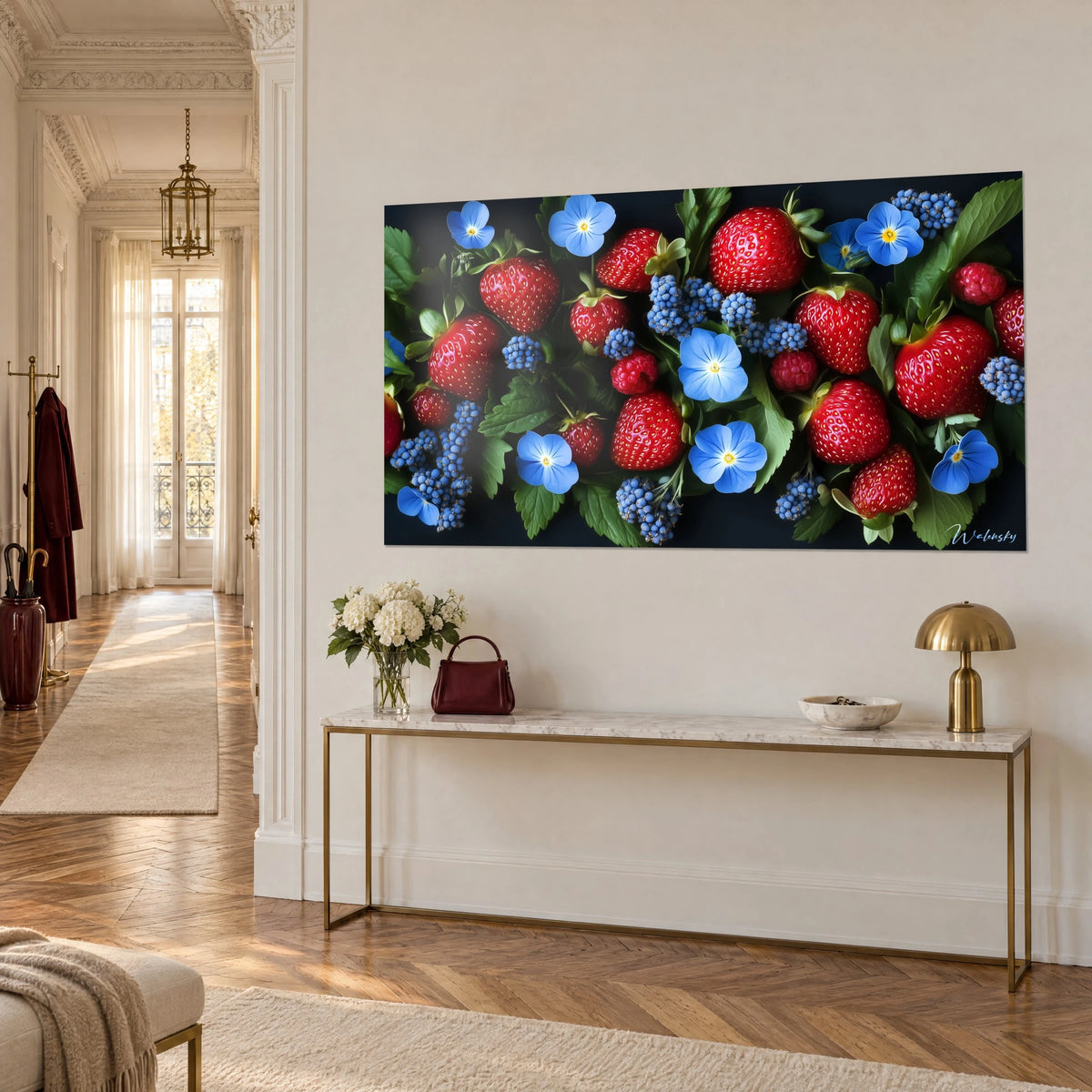 Gemälde Korb mit scharlachroten Beeren und kobaltblauen Trauben, azurblaue Blüten mit gelbem Herz, über einer goldenen Konsole aufgehängt
