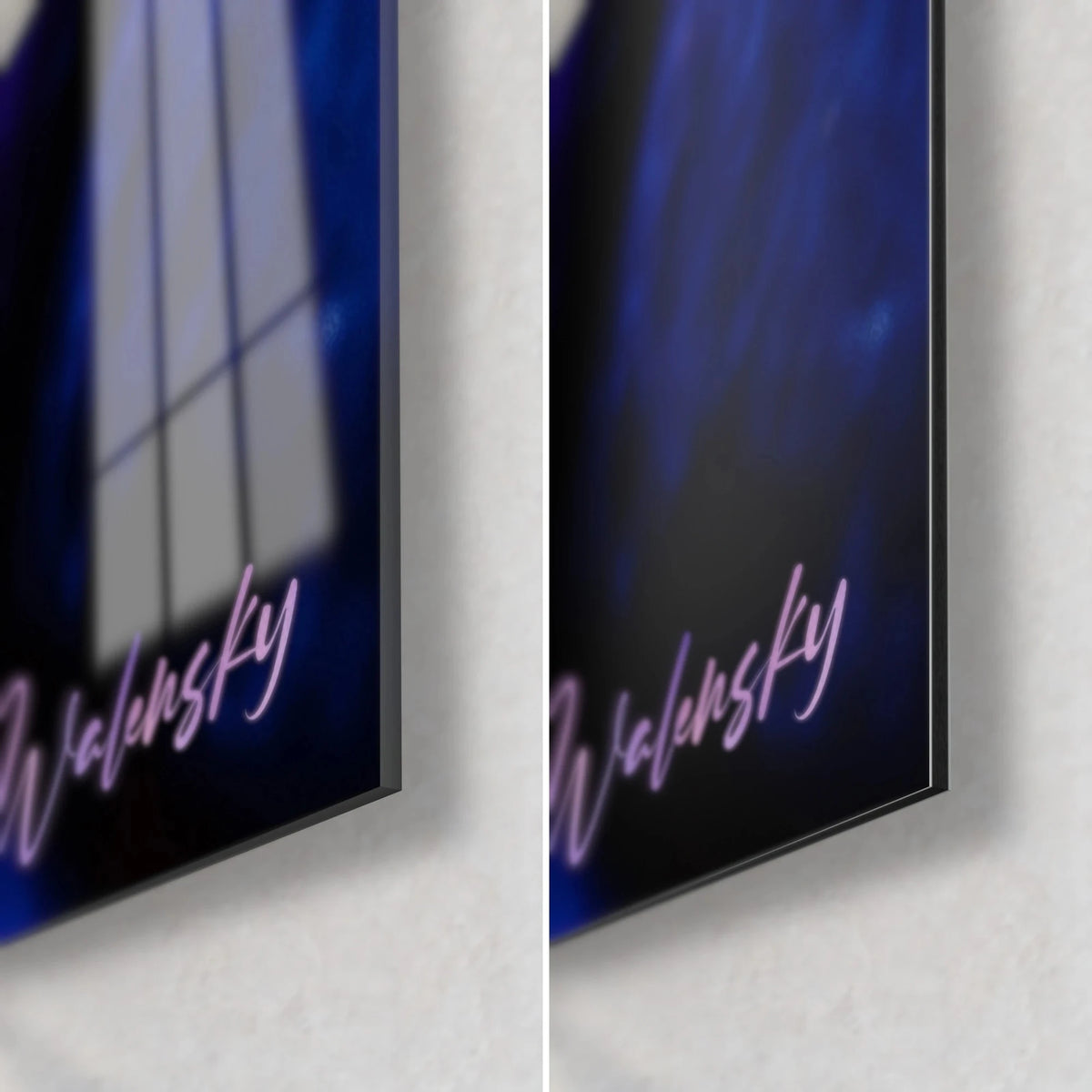 Wall art indigo blue fig and raspberry flesh, bottom right corner: glossy glass on the left, matte Dibond on the right