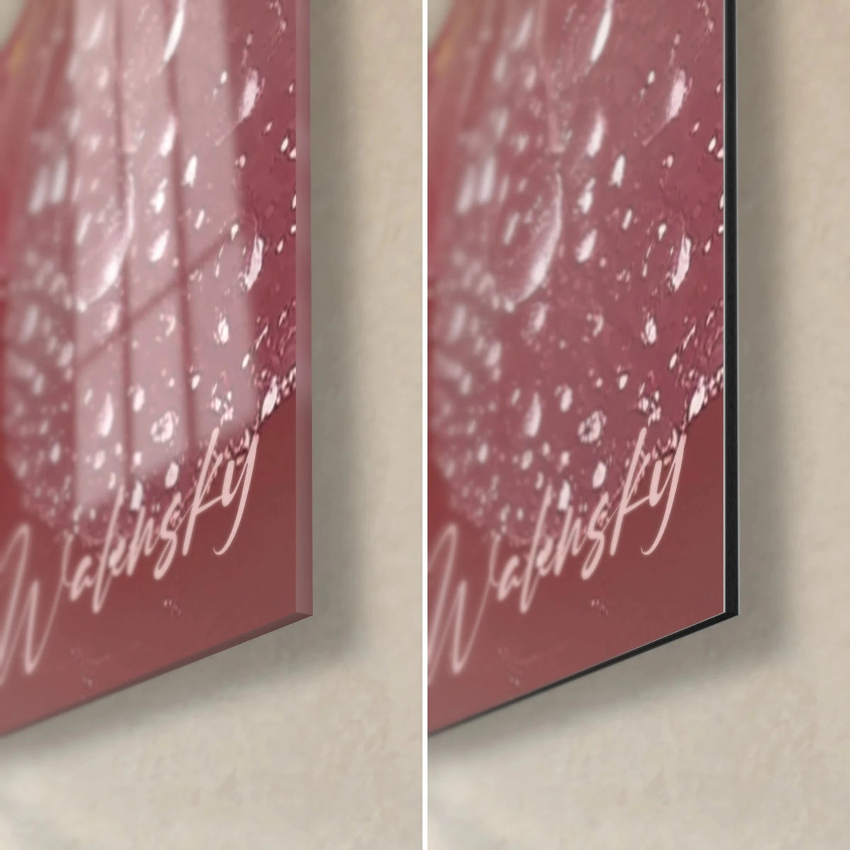 Tableau fruits rosés ruisselants de rosée, coin bas droit, verre brillant à gauche, Dibond mat à droite, tranche de 3 mm
