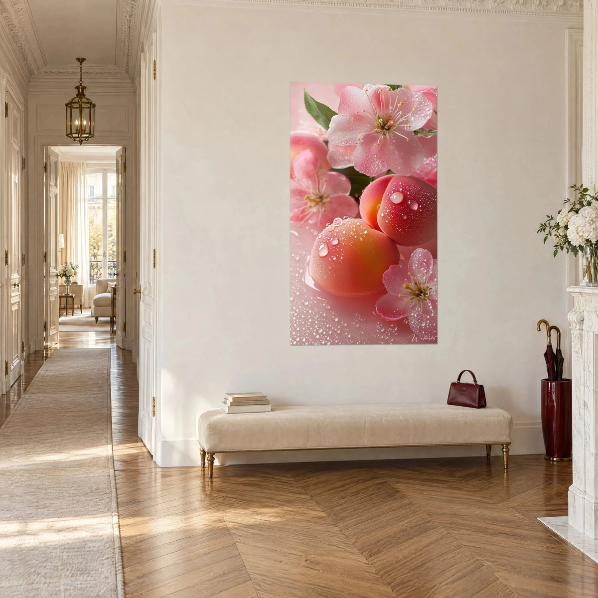 Tableau fleurs de pêcher perlées de rosée, pétales rose tendre, feuille vert vif, vu de trois-quarts, couloir haussmannien parqué