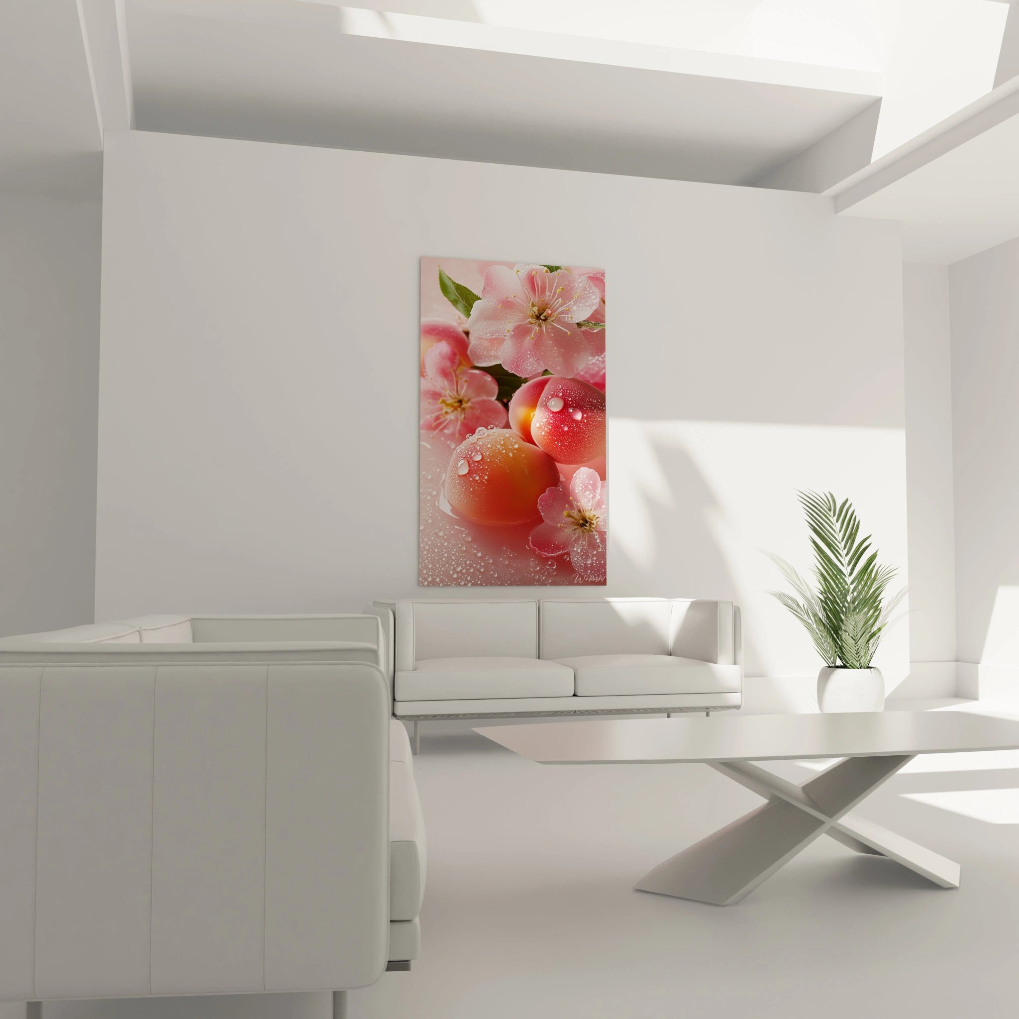 Un tableau fruit présentant des fruits aux couleurs chaudes et des fleurs roses éclatantes. Les textures sont veloutées et lisses, avec des reflets accentués par la présence de gouttelettes d’eau.

