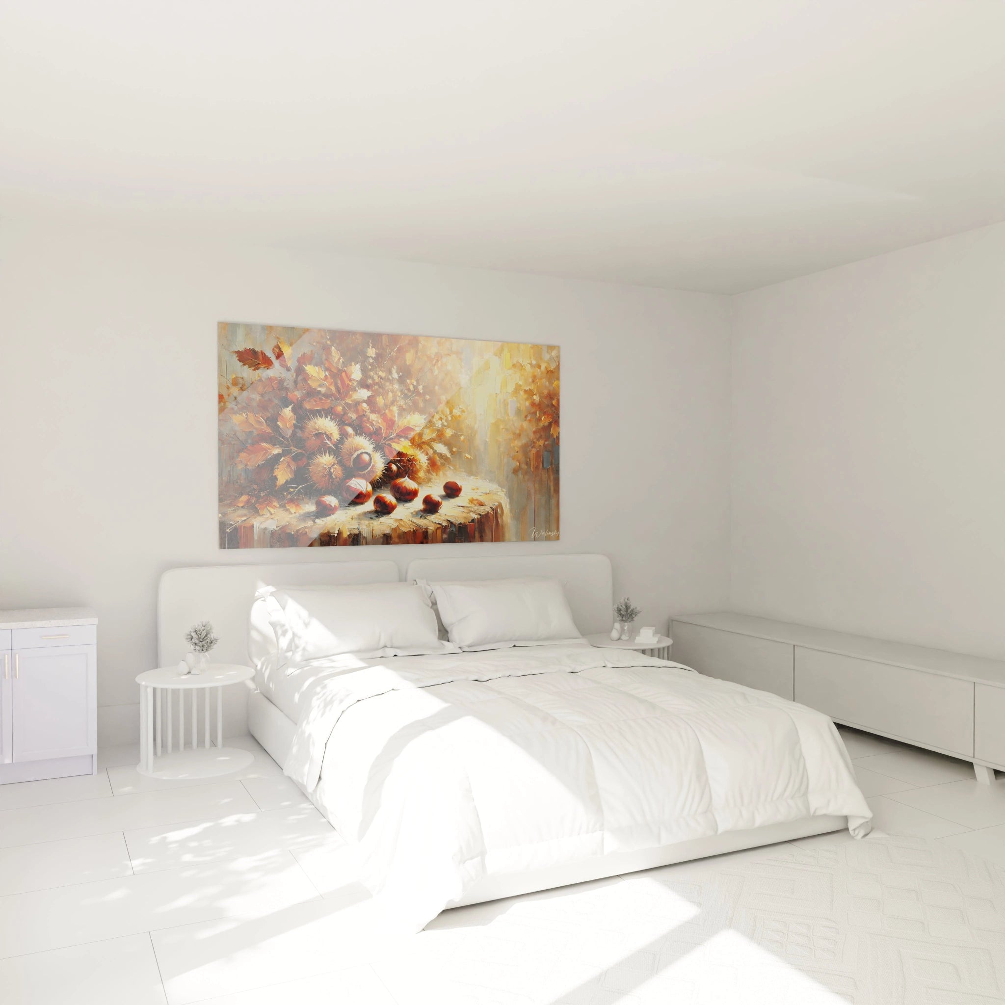 Tableau Automne dans une chambre : accroché au-dessus du lit, il apporte une atmosphère douce et chaleureuse. Les teintes orangées et dorées du tableau créent un espace apaisant, rappelant les promenades en forêt.

