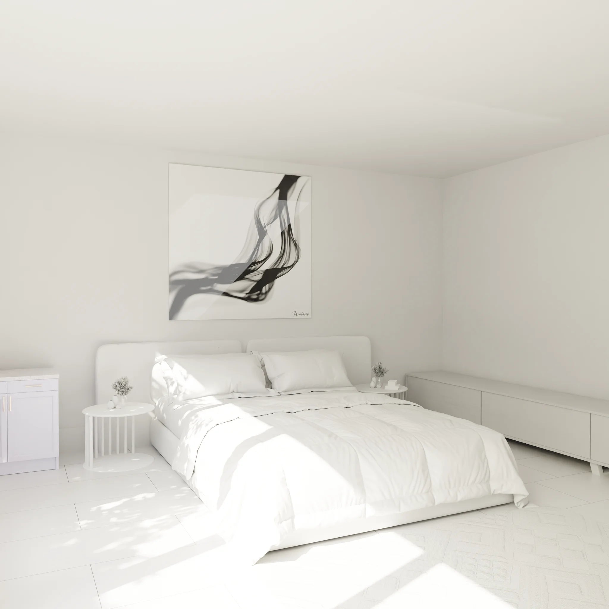 Tableau fumée abstraite noir et blanc dans chambre moderne avec décoration contemporaine