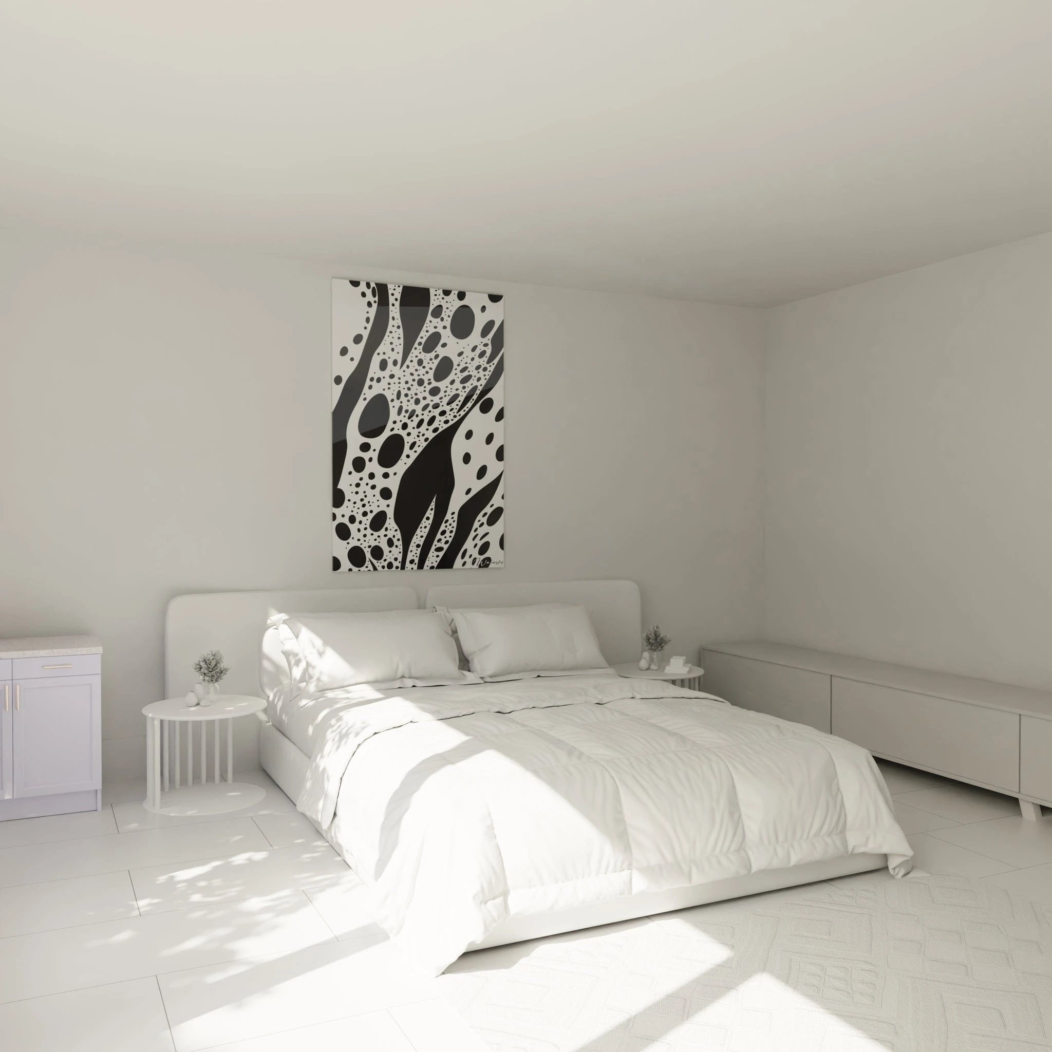 Tableau tacheté noir et blanc de Walensky accroché au-dessus d'un lit moderne dans une chambre lumineuse