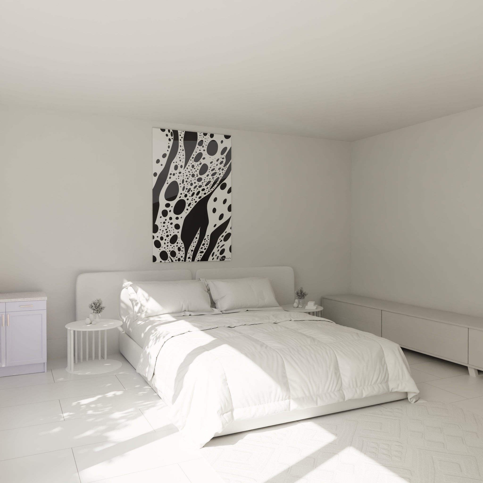 Tableau tacheté noir et blanc de Walensky accroché au-dessus d'un lit moderne dans une chambre lumineuse