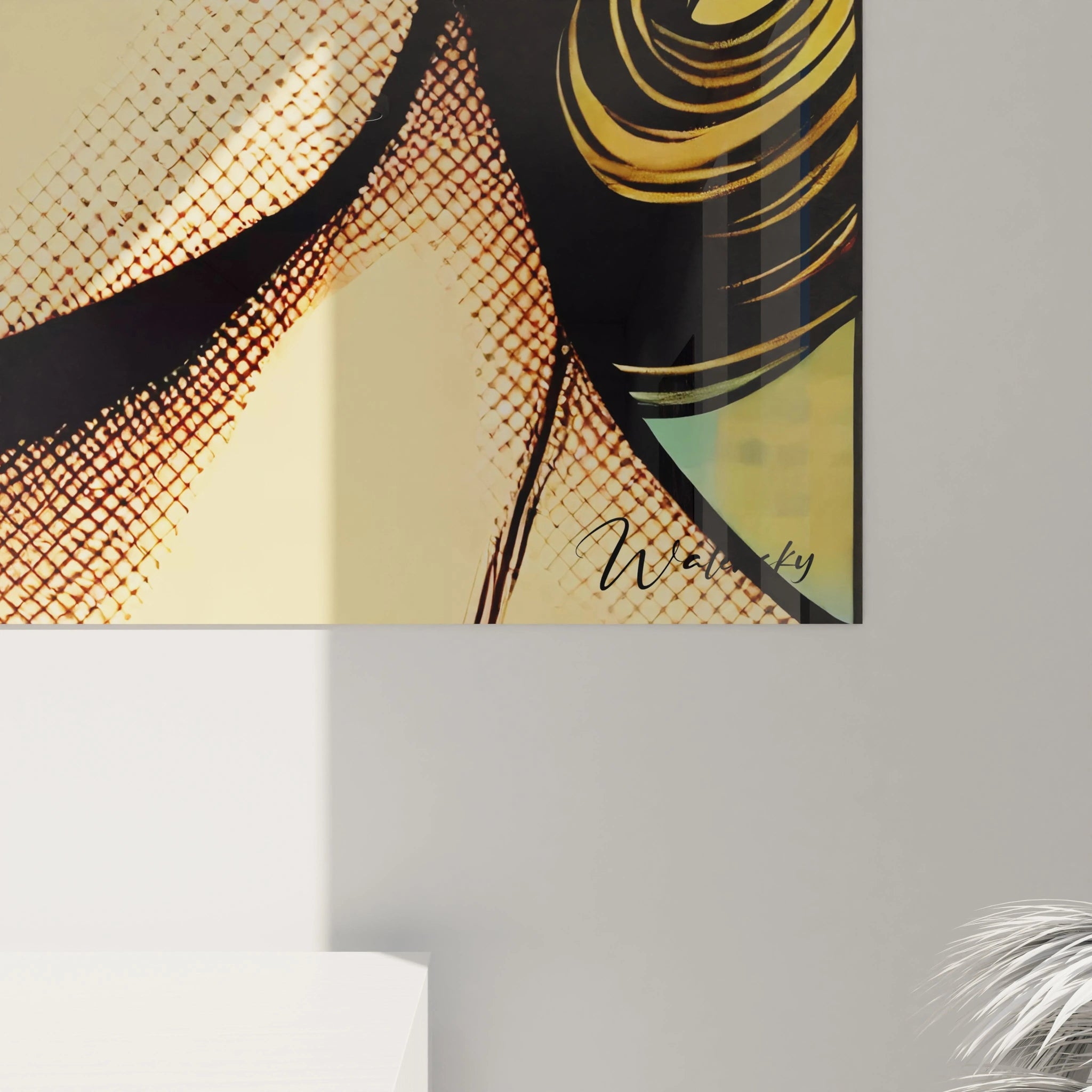 Gros plan du tableau pop art illustrant une femme à la cigarette. Détails graphiques, points Ben-Day et contraste saisissant des couleurs vives, signature du style années 1960.

