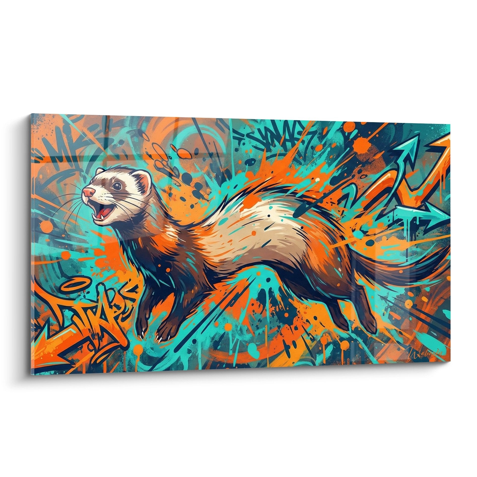 Tableau art urbain furet expressif couleurs turquoise orange eclaboussures peinture style street art moderne