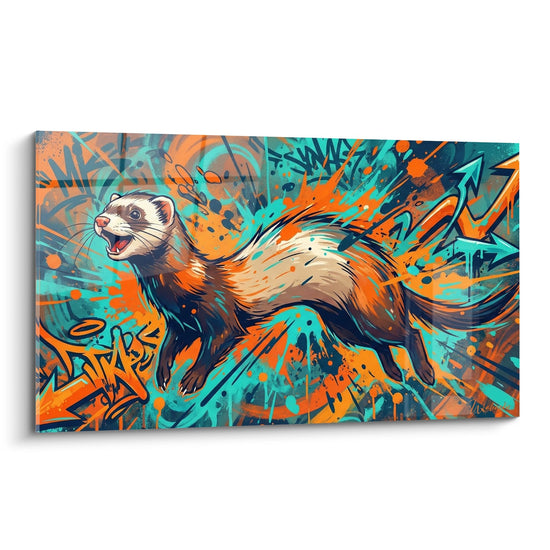Ausdrucksstarkes Frettchen-Gemälde in Türkis und Orange - Dynamische Urban Art - Frettchen Edition