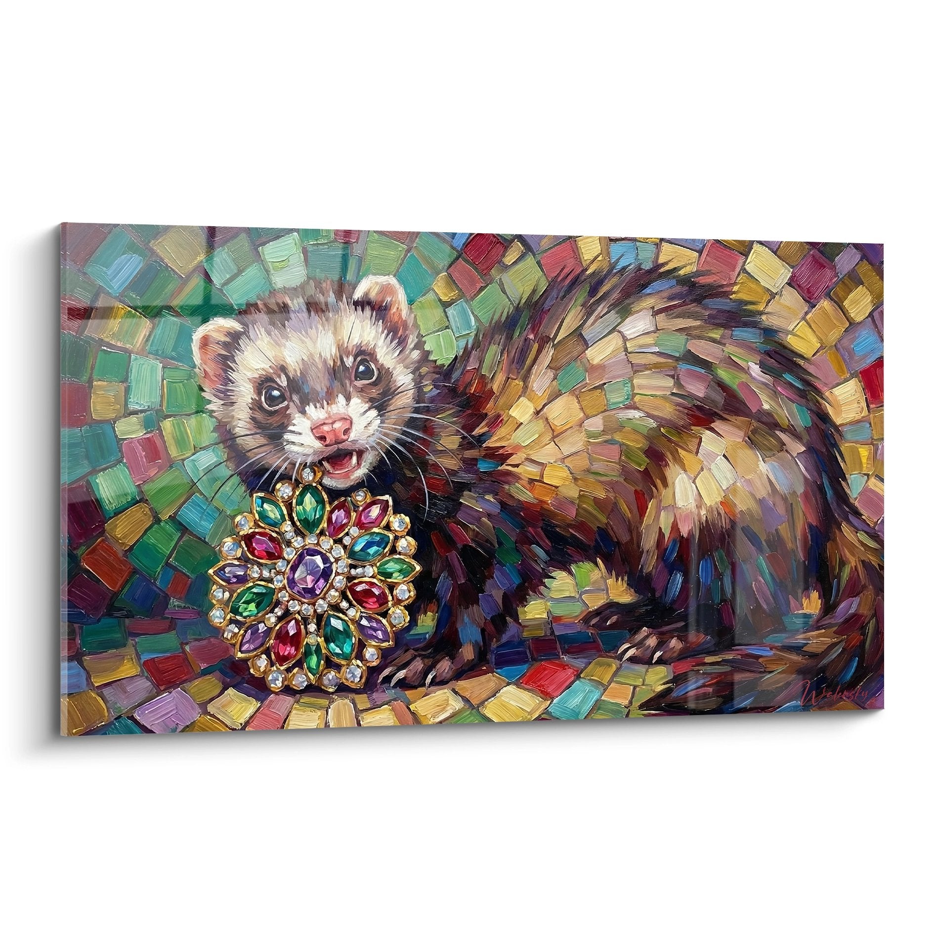 Aristokratisches Frettchen-Gemälde mit Edelsteinkollier auf strahlendem mehrfarbigem Mosaikhintergrund