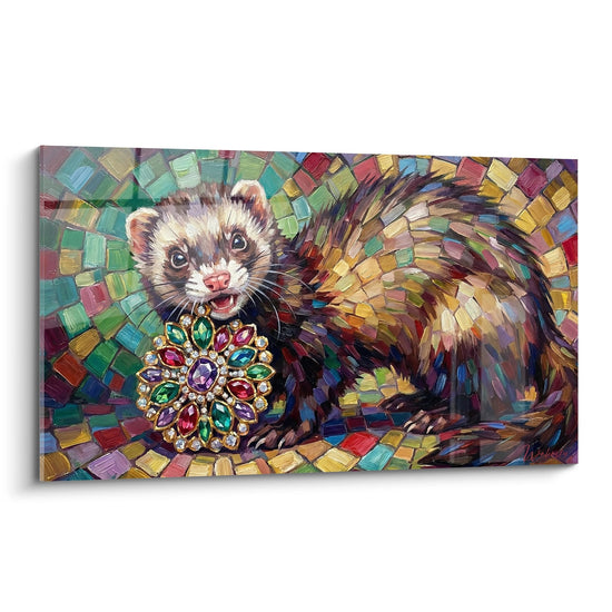 Frettchen-Gemälde mit Schmucksteinkragen auf farbenfrohem Mosaik - Feline Eleganz - Frettchen Edition