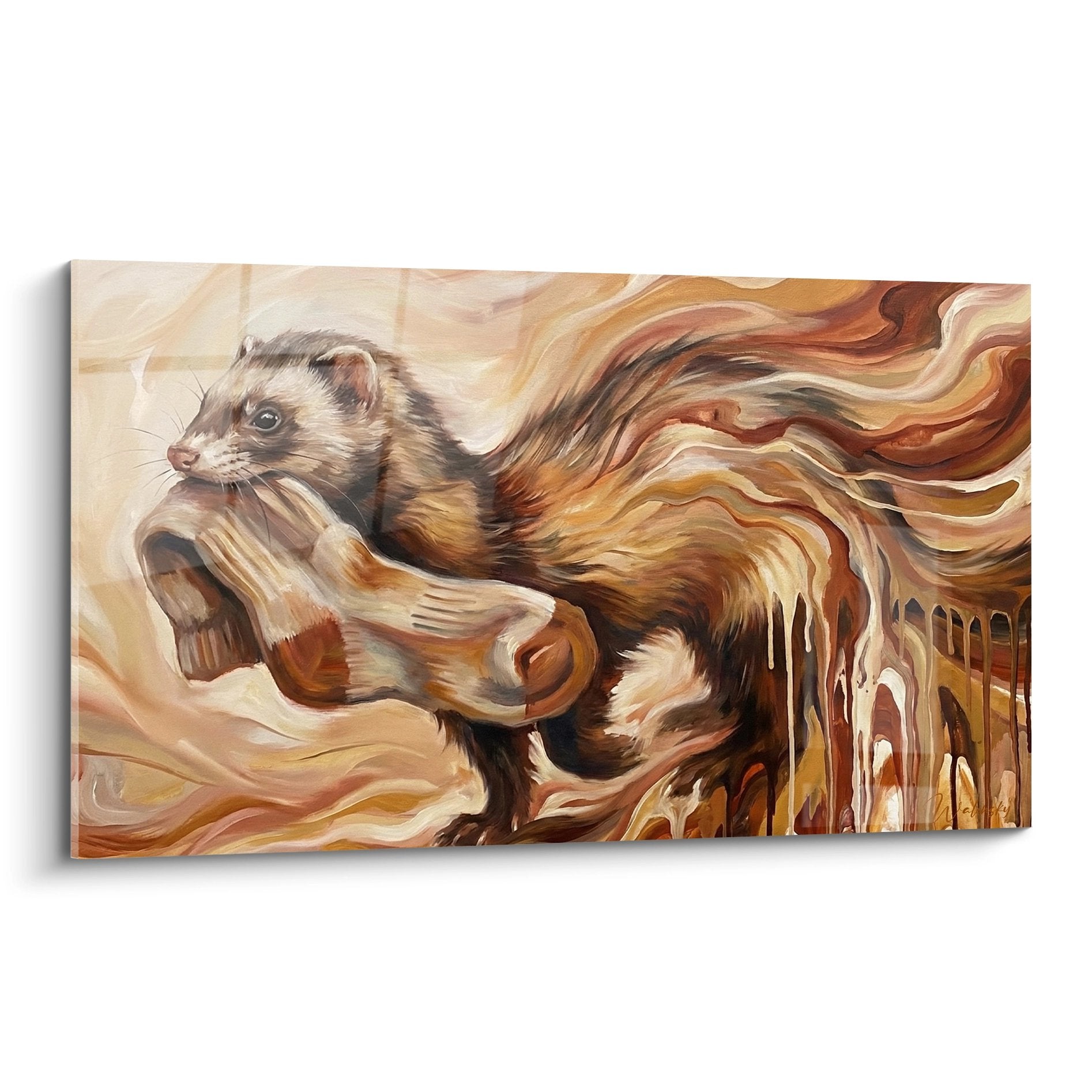 Frettchen-Gemälde in Goldtönen, künstlerische Verläufe, fließende Bewegung, Frettchen-Edition, Wanddekoration