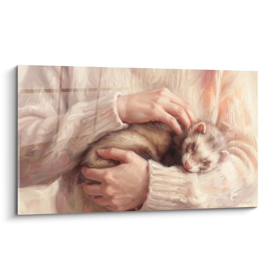 Tableau Mains Protectrices et Furet Endormi Tons Dorés - Tendresse Animale - Edition Furet