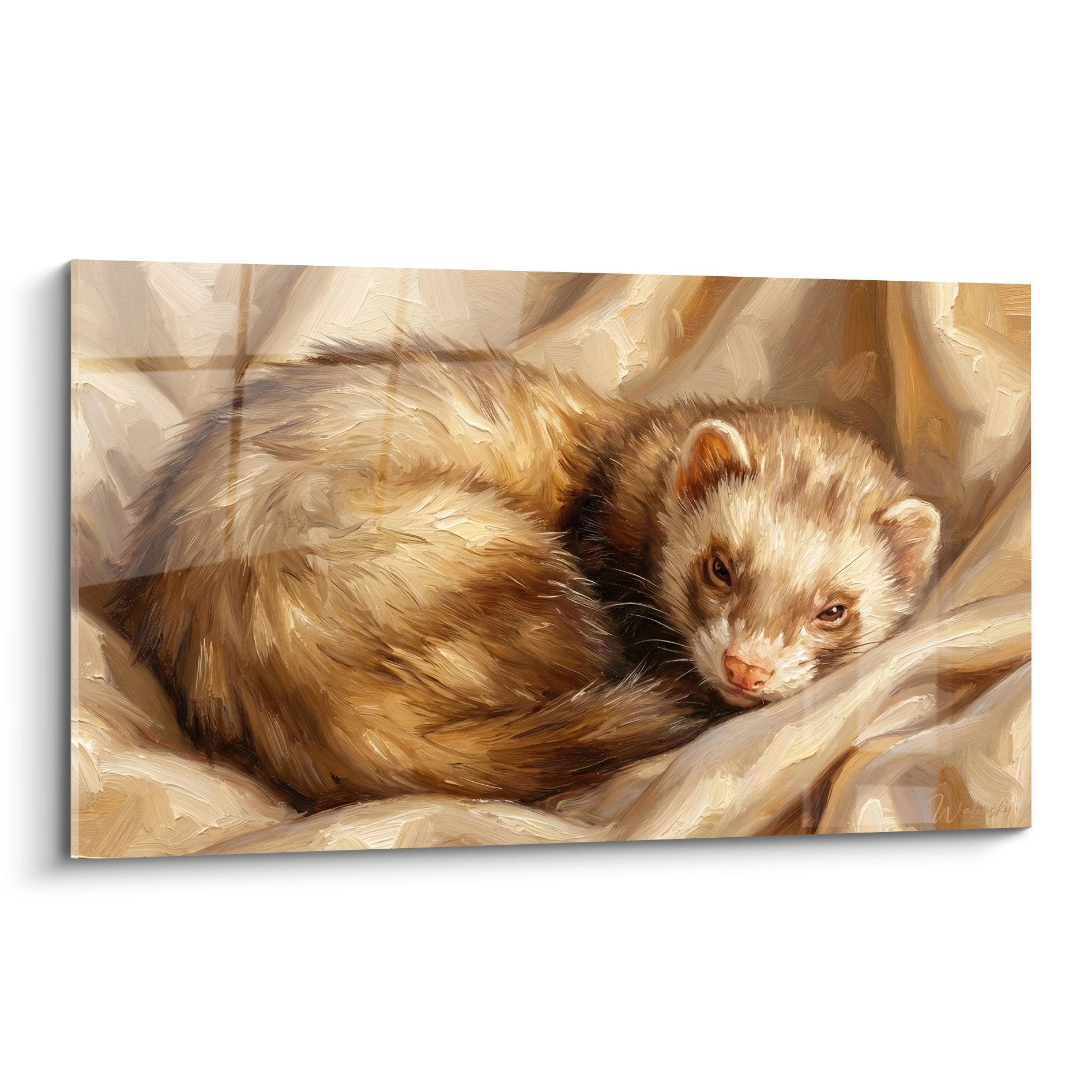 Gemälde schlafendes Frettchen in Gold- und Beigetönen auf weichem Stoff sanfte natürliche Atmosphäre Frettchen-Edition