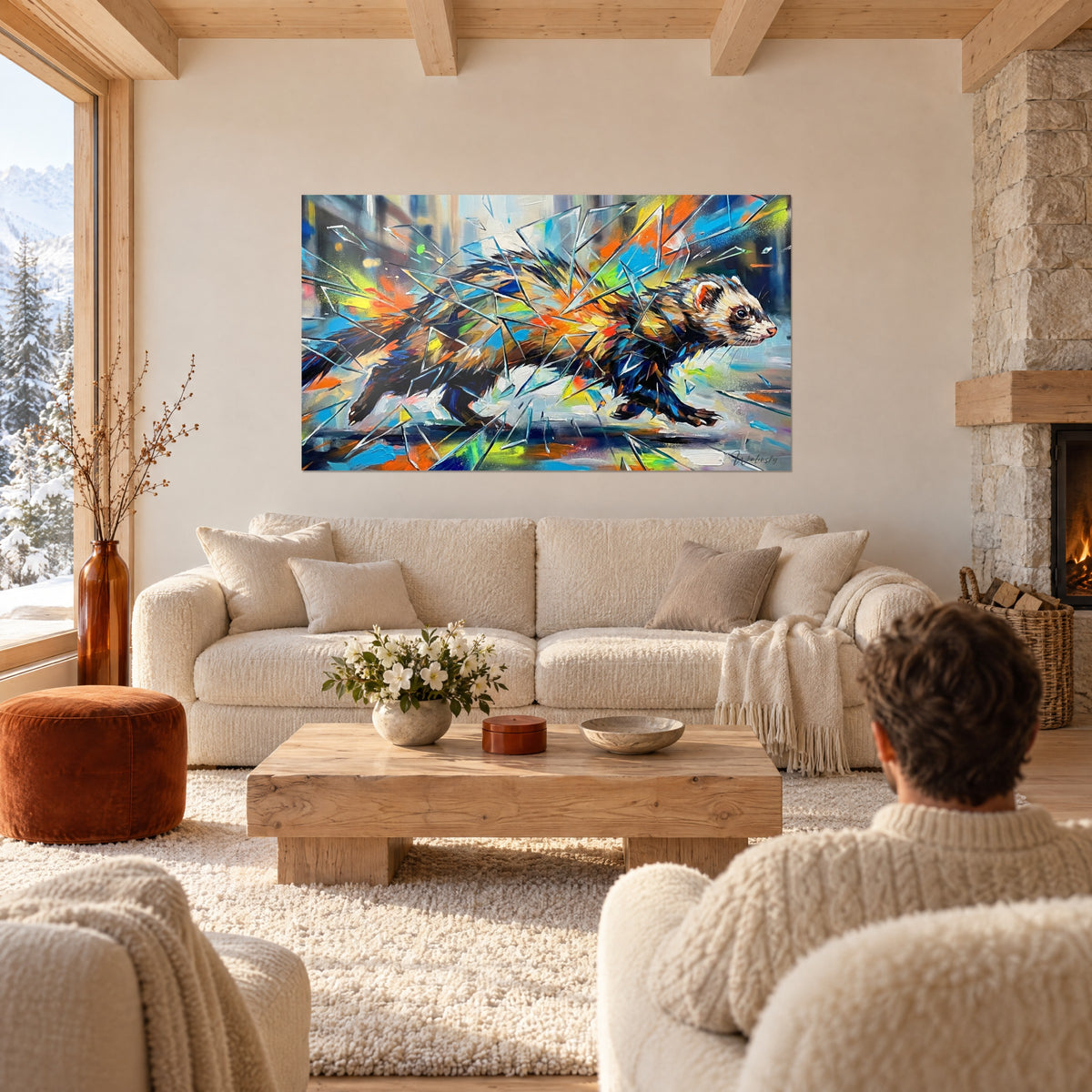 Quadro di un furetto che sfreccia tra schegge di vetro arancioni e blu, visto di spalle, sopra un divano in un soggiorno luminoso