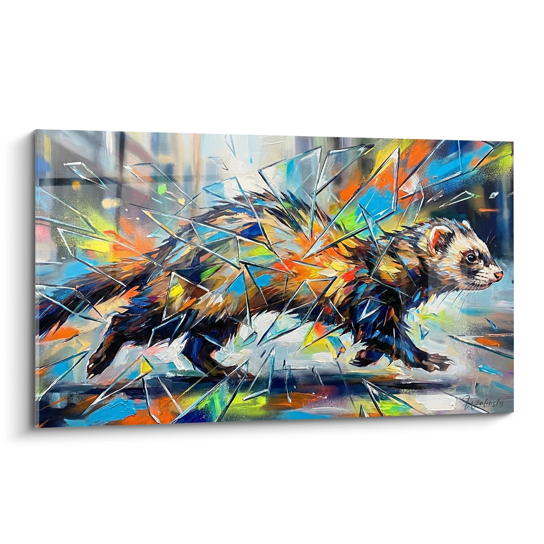 Frettchen-Kunstwerk im Graffiti-Stil mit mehrfarbigen blauen, orangefarbenen und grünen Spritzern auf zeitgenössigem urbanen Hintergrund