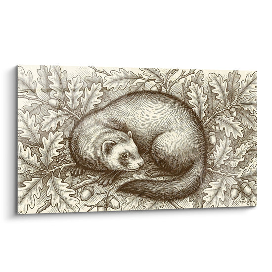 Frettchen Gemälde Sepia Antike Gravur Eichenblätter - Naturalistischer Charme - Frettchen Edition