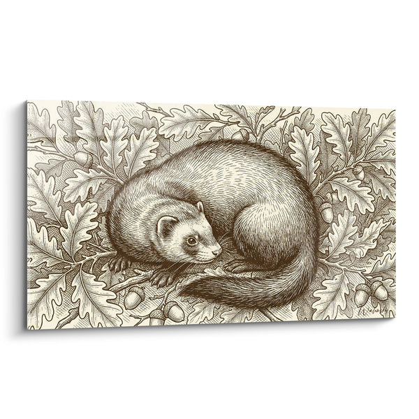 Frettchen Gemälde Sepia Antike Gravur Eichenblätter - Naturalistischer Charme - Frettchen Edition