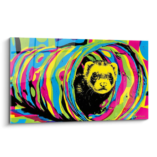 Frettchen-Gemälde Gelb in psychedelischen Multifarbspiralen - Zeitgenössische vibrierende Kunst - Frettchen-Edition