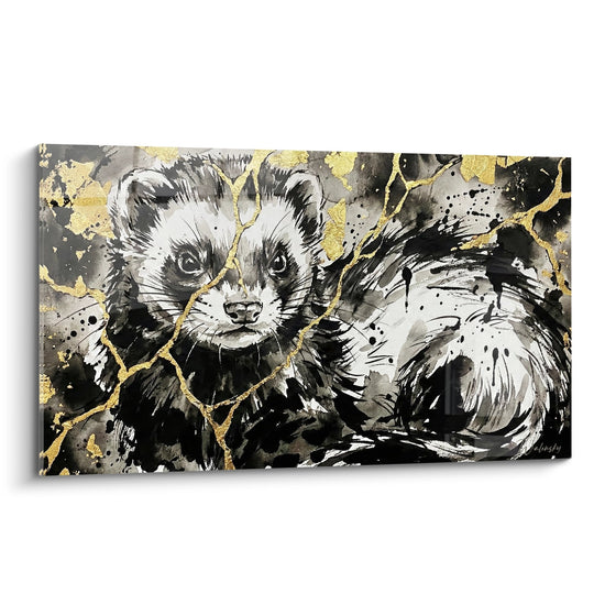 Frettchen Gemälde Expressiv Schwarz-Weiß mit goldenen Akzenten - Durchdringender Blick - Frettchen Edition
