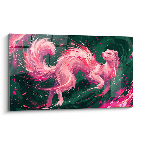 Frettchen-Gemälde Rosa mit Magenta-Wirbeln auf Smaragdgrünem Hintergrund - Farbiger Tornado - Edition Frettchen