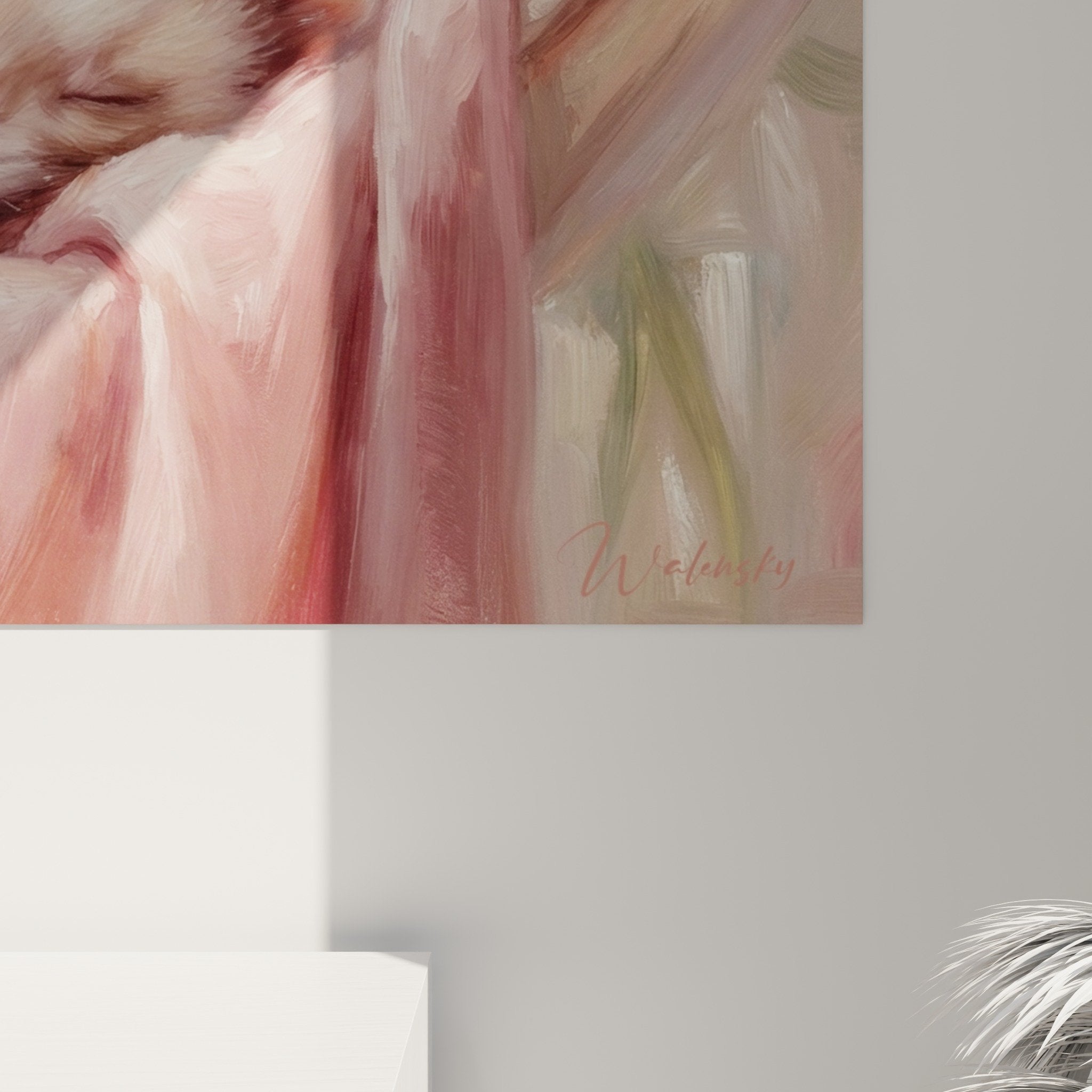 Wandbild Frettchen schläft Hängematte rosa Pfingstrosen - Tierkunst Zärtlichkeit Pastellton