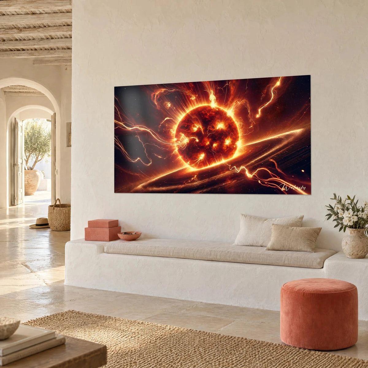 Quadro di un sole incandescente con saette dorate che solcano un cielo nero, appeso a una parete beige, vista di tre quarti vicino a una panca bianca