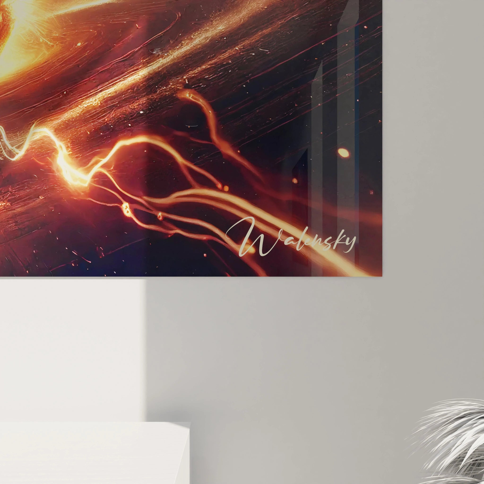 vue de pres du tableau espace textures lumineuses filaments de lumiere orange et rouge explosion d'energie fond noir intense rend hommage au soleil et aux forces qui faconnent notre univers


