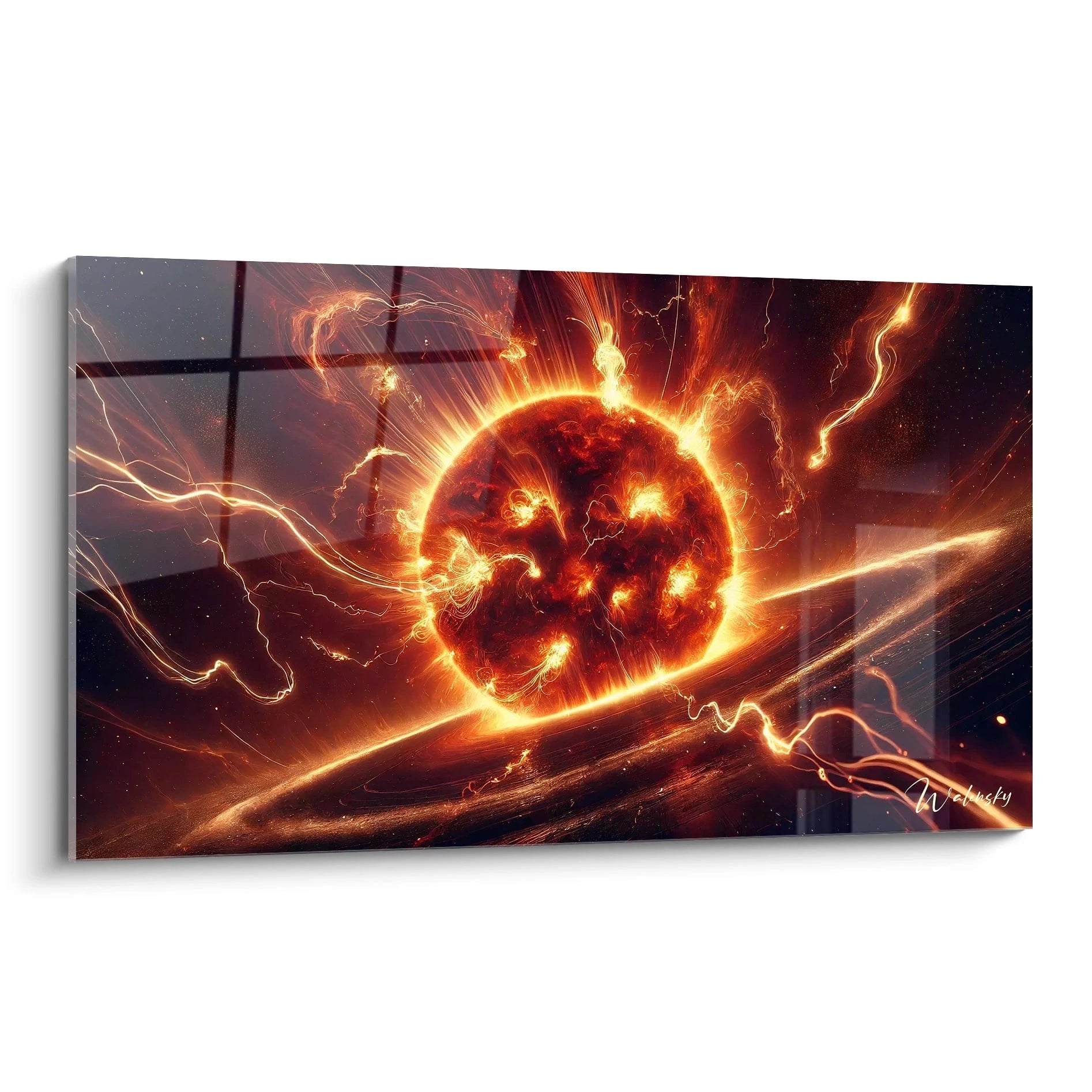 tableau espace vu de biais vibrant des nuances orange rouge sur fond noir energie et mystere du cosmos en mouvement perpetuel intense et captivant inspire des eruptions solaires

