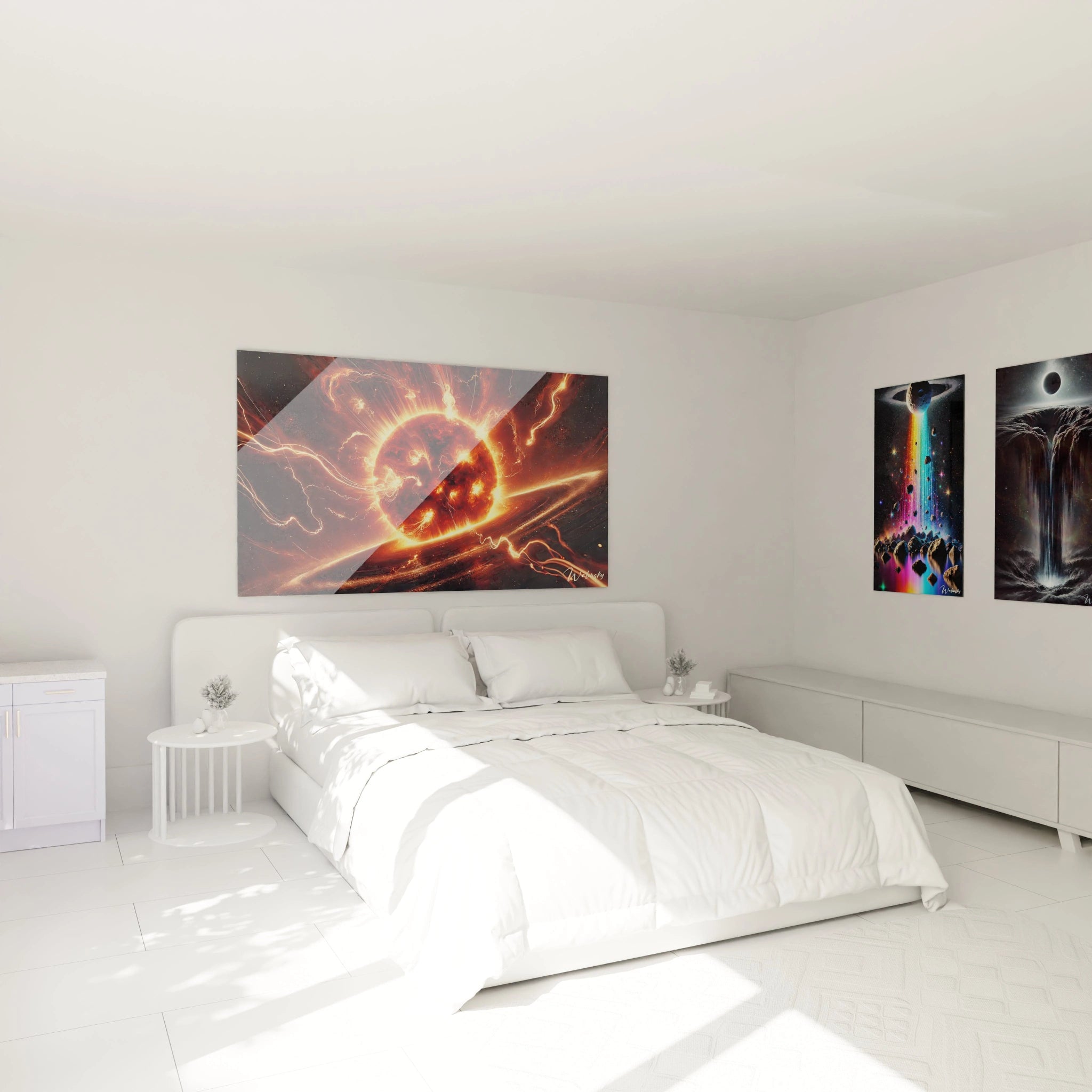 tableau espace accroche au mur au-dessus du lit couleurs chaudes et intenses orange rouge noir illumine la chambre inspire energie et serenite reflete la puissance du soleil et la mystique de l'univers

