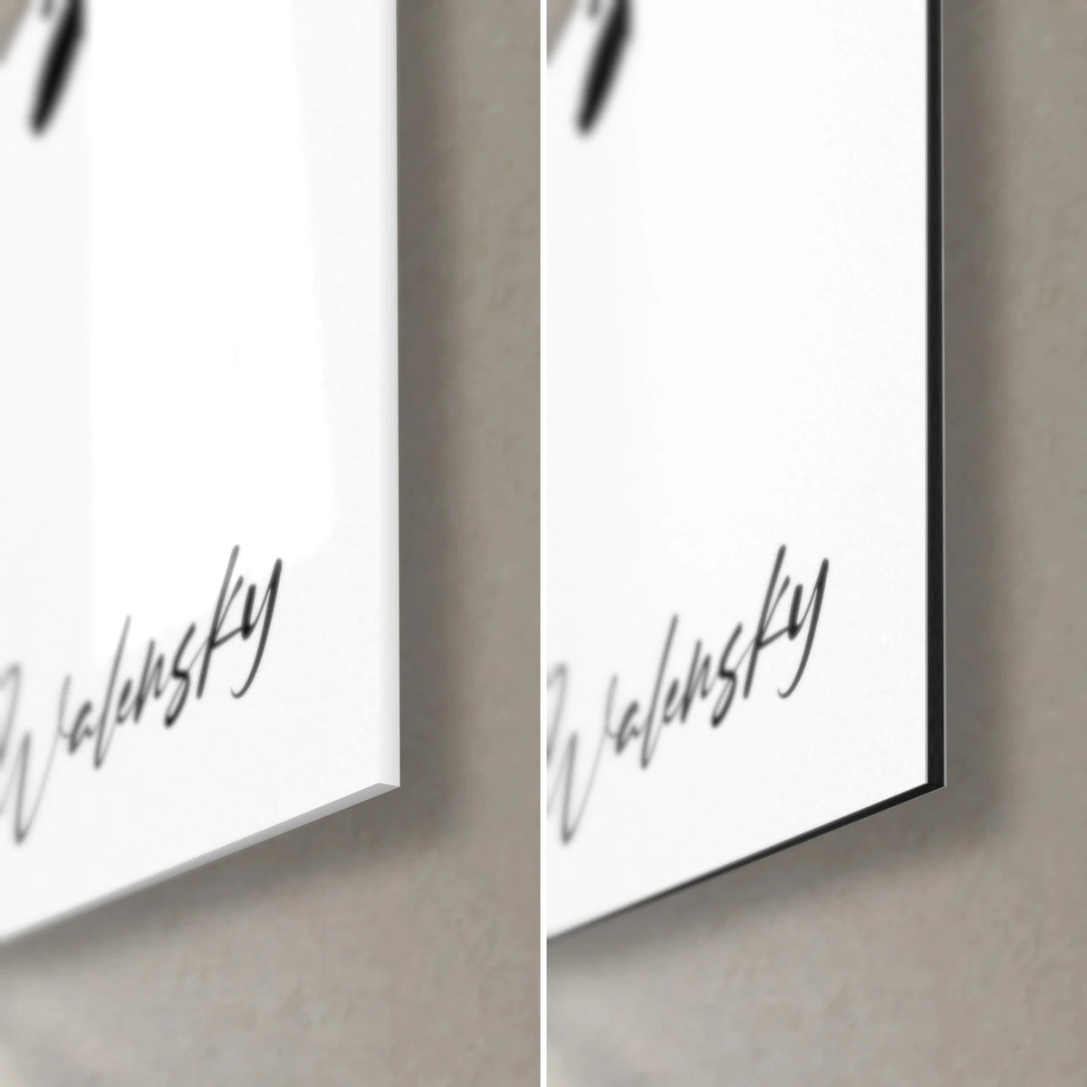 Gemälde mit schwarzen Tintenflecken auf Weiß, untere rechte Ecke: glänzendes Acrylglas links, matteres Dibond-Aluminium rechts, 3 mm Kante