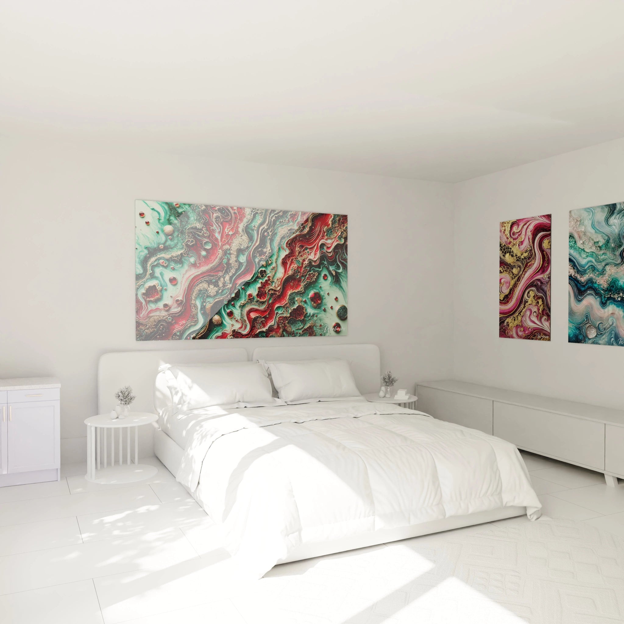 Tableau style epoxy accroché au-dessus du lit dans une chambre, les couleurs vibrantes rouges, vertes et dorées apportent énergie et harmonie à l’espace, créant une ambiance vivante et chaleureuse.

