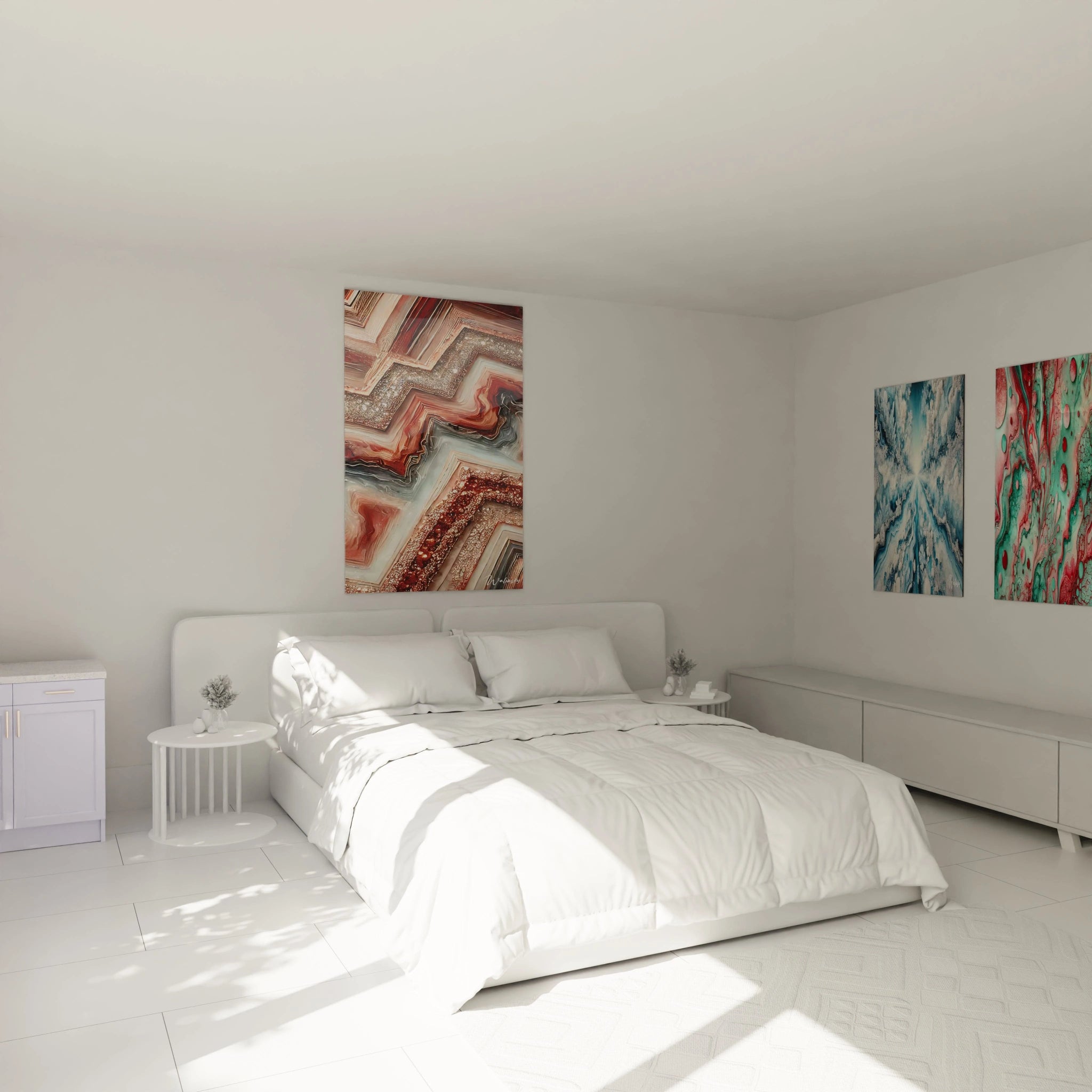 Ce tableau style epoxy accroché au-dessus du lit apporte une touche moderne à votre chambre avec ses nuances de cuivre et de gris, créant une ambiance à la fois intime et énergique.