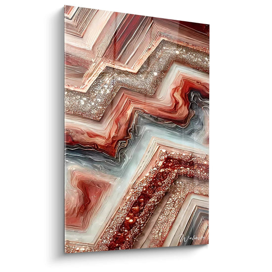 Le tableau style epoxy vu de biais révèle une composition dynamique de formes géométriques et de lignes nettes. Les teintes cuivrées, grises et blanches se mêlent dans un contraste saisissant.