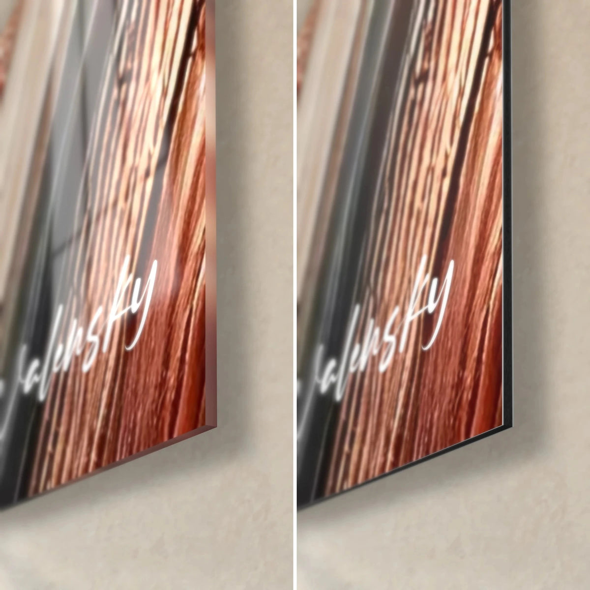Schilderij met geometrische versmelting in rood en koper, rechtsonder hoek van glanzend glas links en mat Dibond rechts, 3 mm dikte