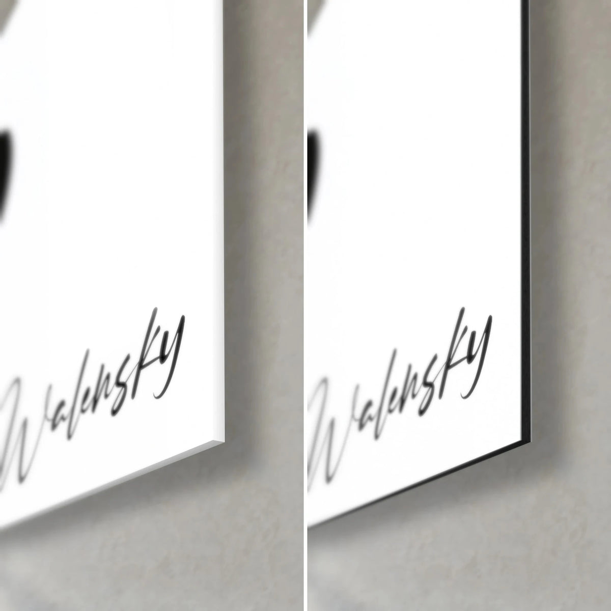 Tableau visage stylisé en noir et blanc, coin bas droit, signature Walensky, verre acrylique brillant et reflets contre Dibond gris mat, tranche de 3 mm